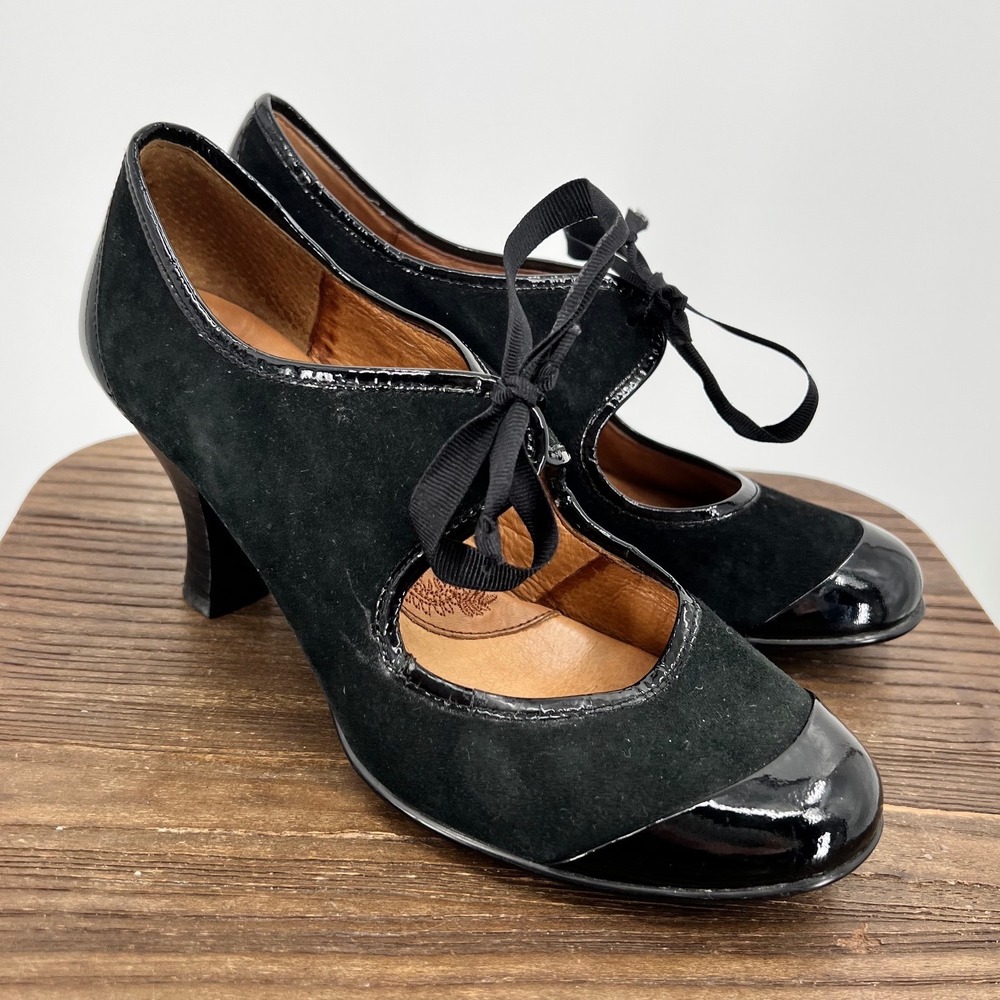 Sofft Black Suede Patent Leather Mary Jane Ribbon Tie Heels Womens 6.5 M 1036121
